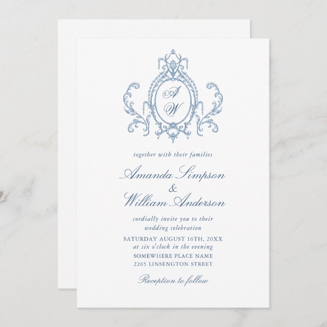 Victorian Ornate Grace Floral Dusty Blue Wedding Invitation (Front/Back)