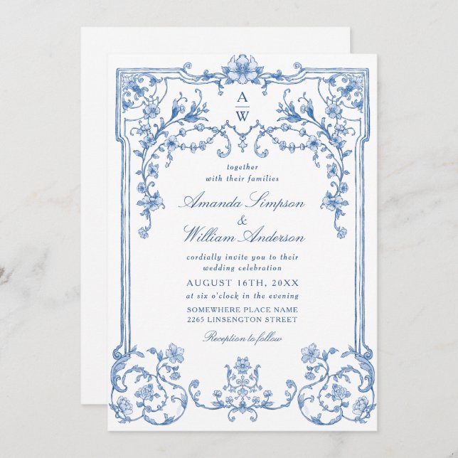 Victorian Ornate Grace Floral Dusty Blue Wedding Invitation (Front/Back)