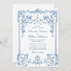 Victorian Ornate Grace Floral Dusty Blue Wedding Invitation