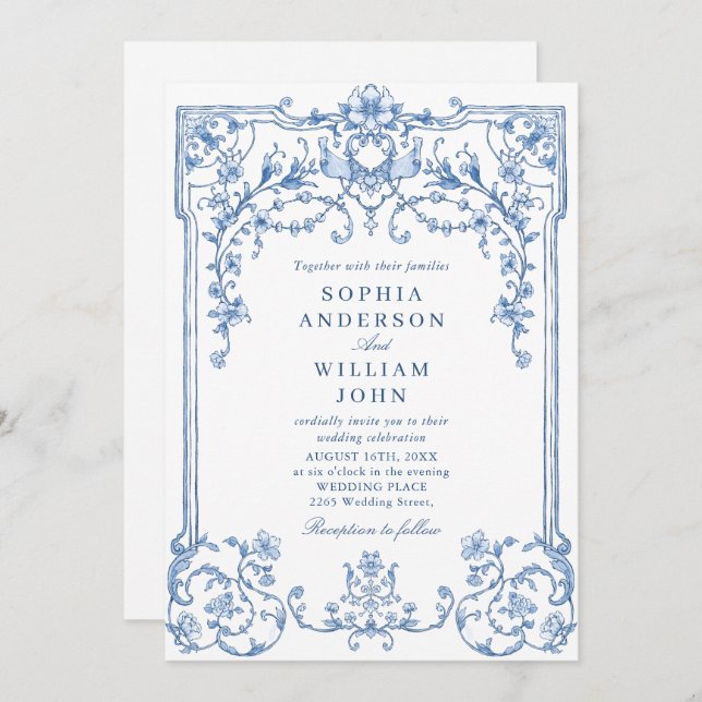 Victorian Ornate Grace Floral Dusty Blue Wedding Invitation (Front/Back)