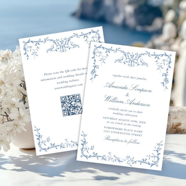 Victorian Ornate Grace Floral Dusty Blue Wedding Invitation (Creator Uploaded)