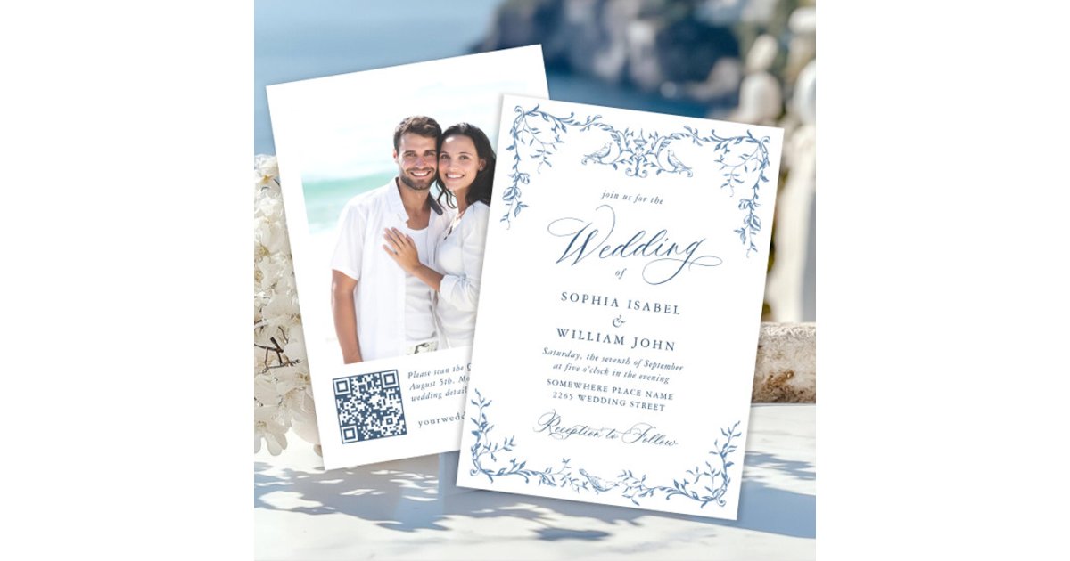 Victorian Ornate Grace Floral Dusty Blue Wedding Invitation | Zazzle