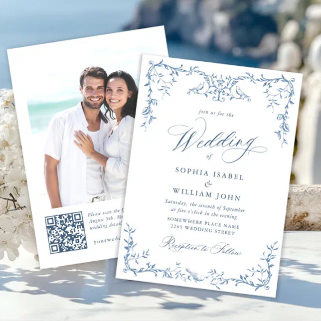 Victorian Ornate Grace Floral Dusty Blue Wedding Invitation | Zazzle
