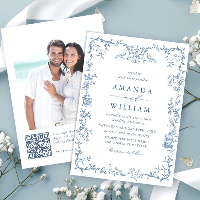 Victorian Ornate Grace Floral Dusty Blue Wedding Invitation (Creator Uploaded)