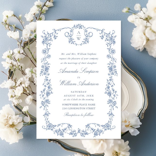 Victorian Ornate Grace Floral Dusty Blue Wedding Invitation (Creator Uploaded)
