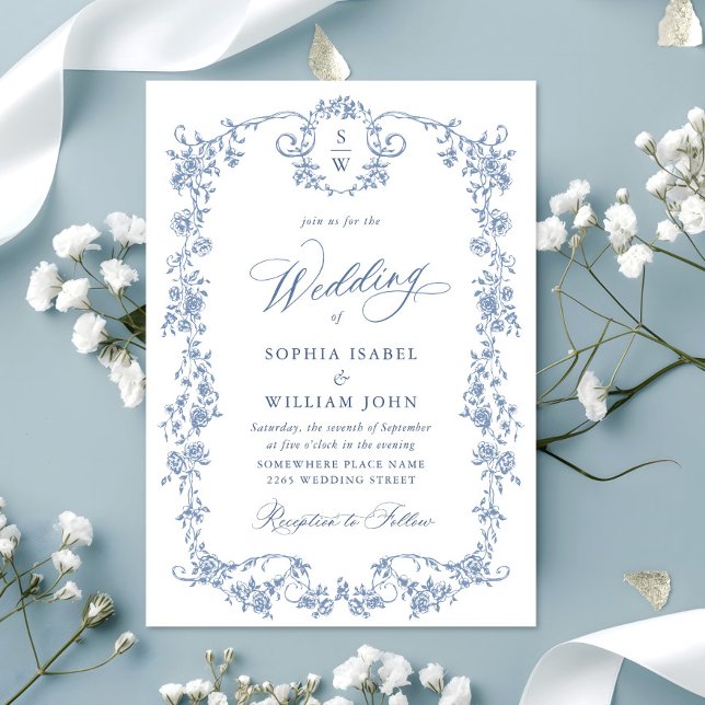 Victorian Ornate Grace Floral Dusty Blue Wedding Invitation (Creator Uploaded)