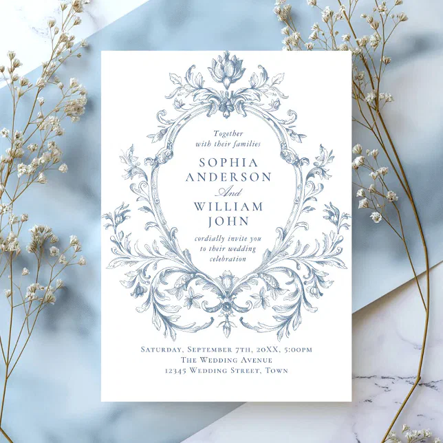 Victorian Ornate Grace Floral Dusty Blue Wedding Invitation | Zazzle