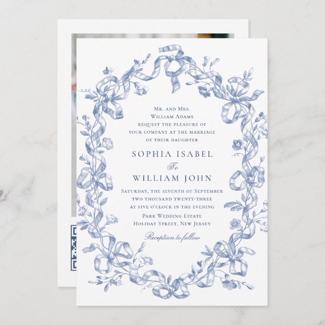 Victorian Ornate Grace Floral Dusty Blue Wedding Invitation (Front/Back)