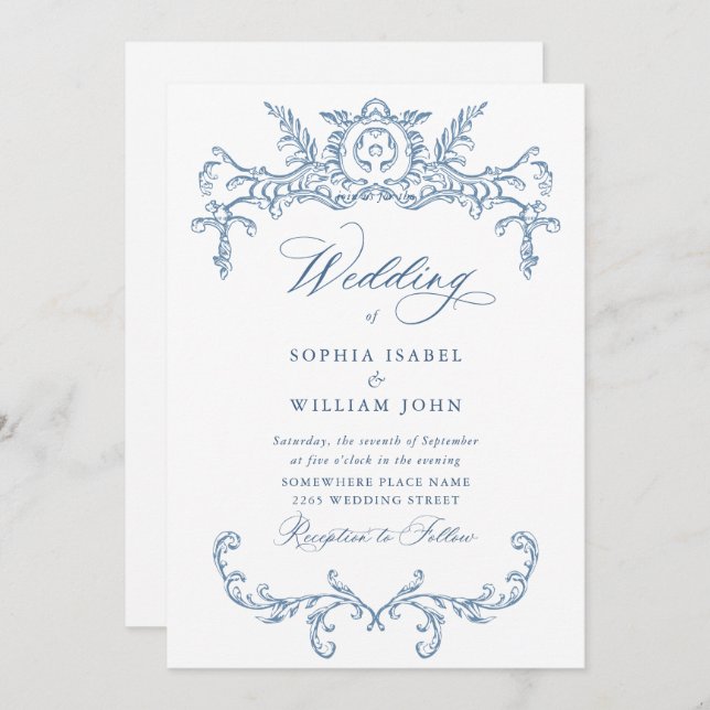 Victorian Ornate Grace Floral Dusty Blue Wedding Invitation (Front/Back)