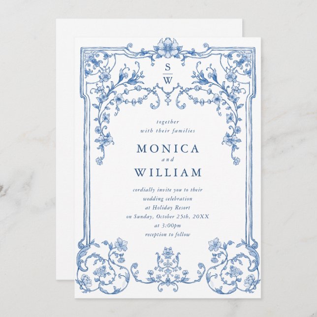 Victorian Ornate Grace Floral Dusty Blue Wedding Invitation (Front/Back)