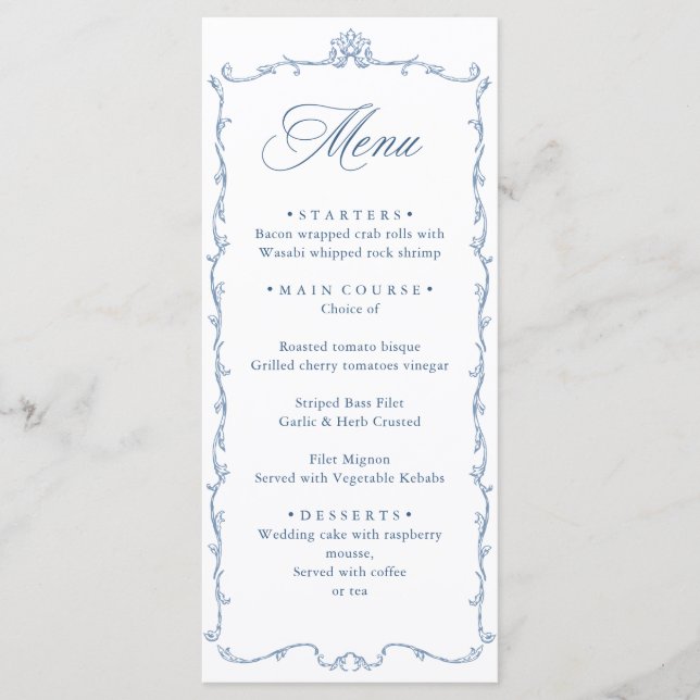 Victorian Ornate Grace Floral Dusty Blue Wedding Menu (Front)