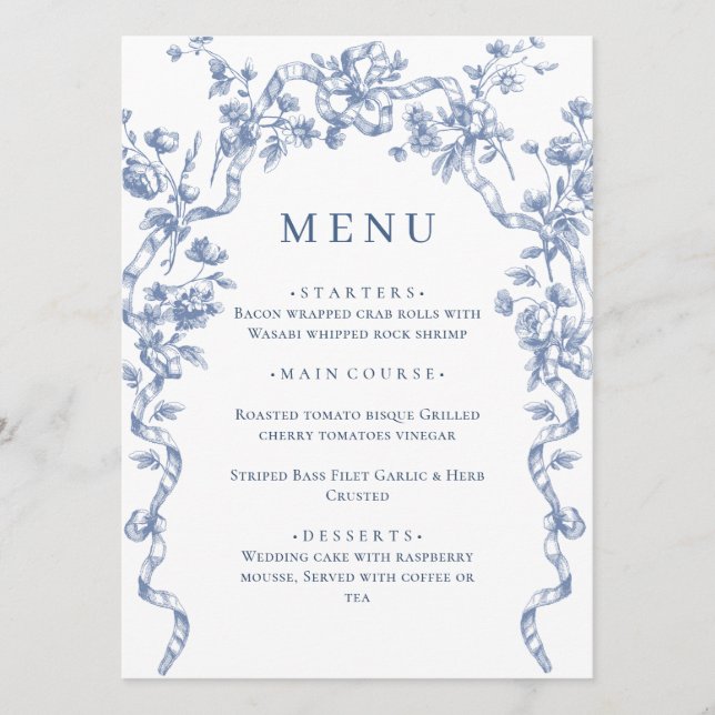 Victorian Ornate Grace Floral Dusty Blue Wedding Menu (Front)