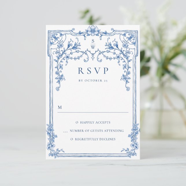 Victorian Ornate Grace Floral Dusty Blue Wedding RSVP Card (Standing Front)