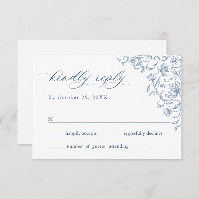 Victorian Ornate Grace Floral Dusty Blue Wedding RSVP Card (Front/Back)