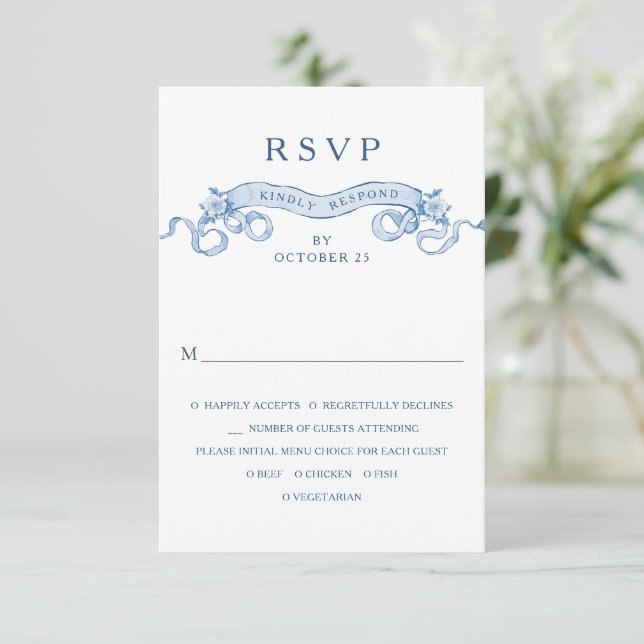 Victorian Ornate Grace Floral Dusty Blue Wedding RSVP Card (Standing Front)