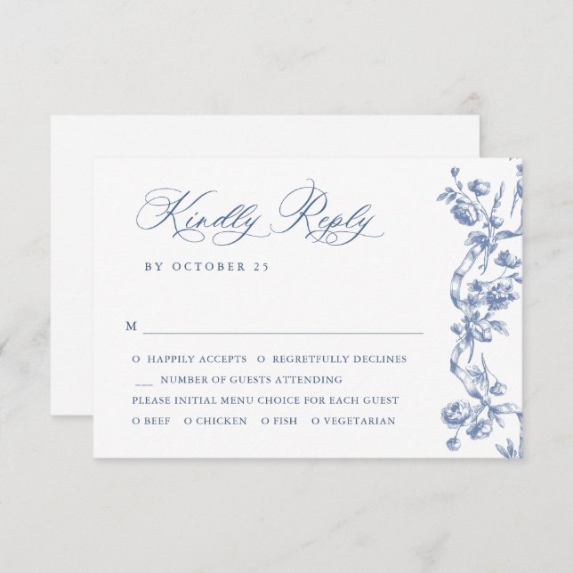 Victorian Ornate Grace Floral Dusty Blue Wedding RSVP Card (Front/Back)