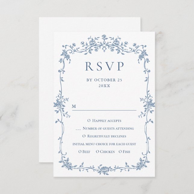 Victorian Ornate Grace Floral Dusty Blue Wedding RSVP Card (Front/Back)