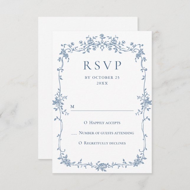 Victorian Ornate Grace Floral Dusty Blue Wedding RSVP Card (Front/Back)