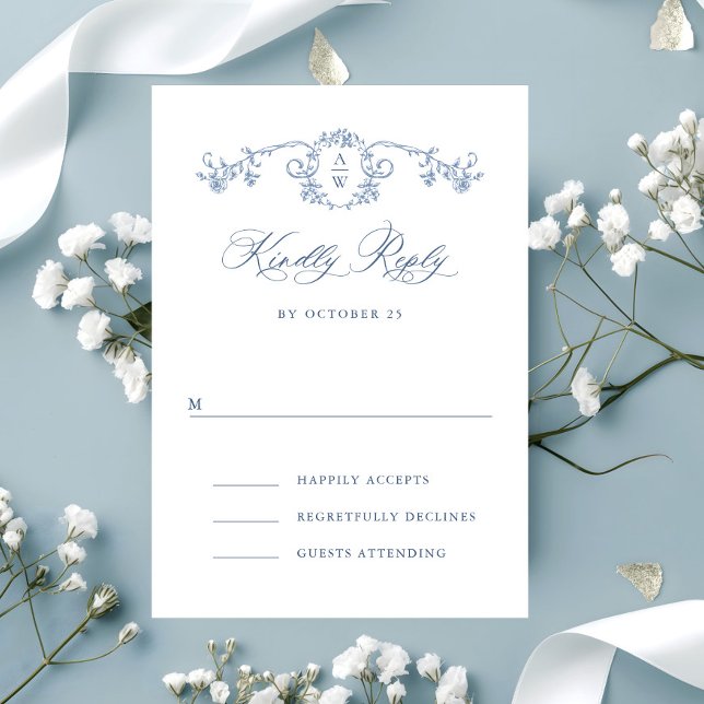 Victorian Ornate Grace Floral Dusty Blue Wedding RSVP Card (Creator Uploaded)