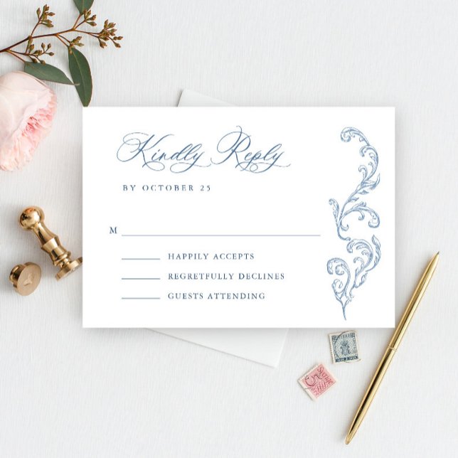 Victorian Ornate Grace Floral Dusty Blue Wedding RSVP Card (Creator Uploaded)