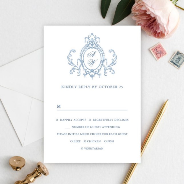 Victorian Ornate Grace Floral Dusty Blue Wedding RSVP Card (Creator Uploaded)