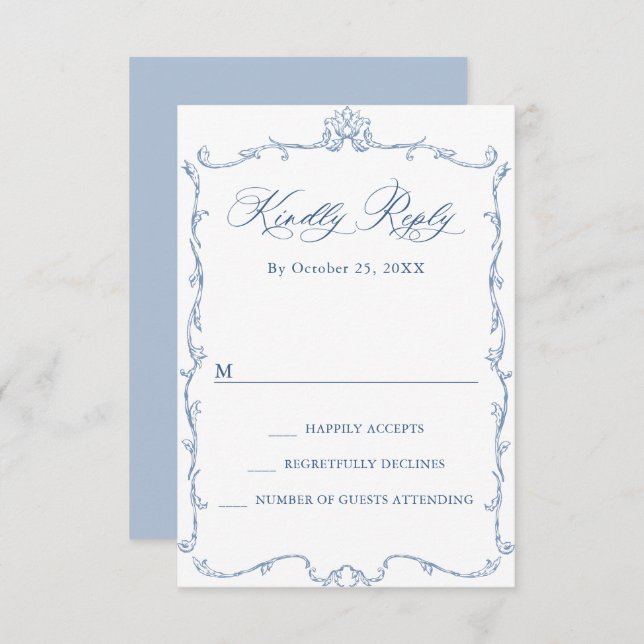 Victorian Ornate Grace Floral Dusty Blue Wedding RSVP Card (Front/Back)