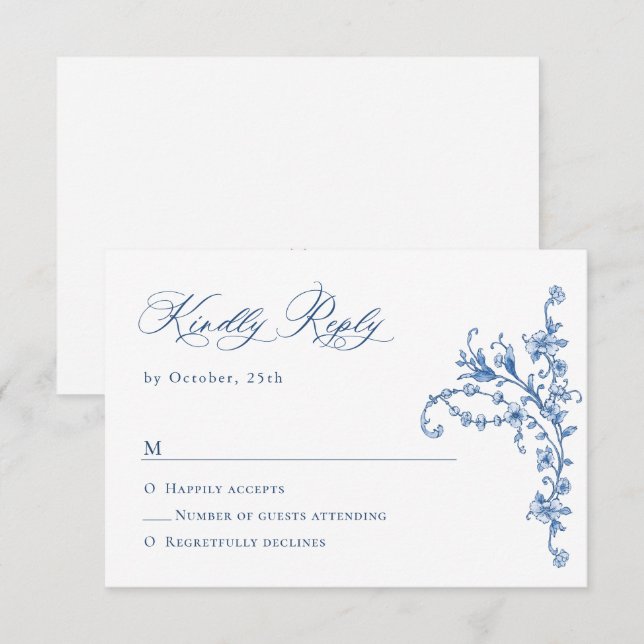 Victorian Ornate Grace Floral Dusty Blue Wedding RSVP Card (Front/Back)