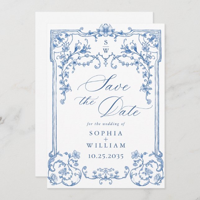 Victorian Ornate Grace Floral Dusty Blue Wedding Save The Date (Front/Back)