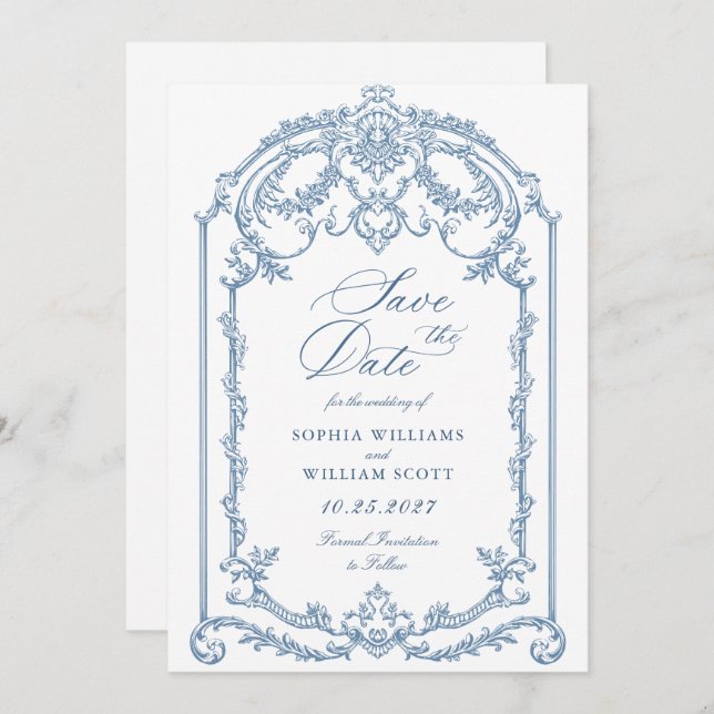 Victorian Ornate Grace Floral Dusty Blue Wedding Save The Date (Front/Back)