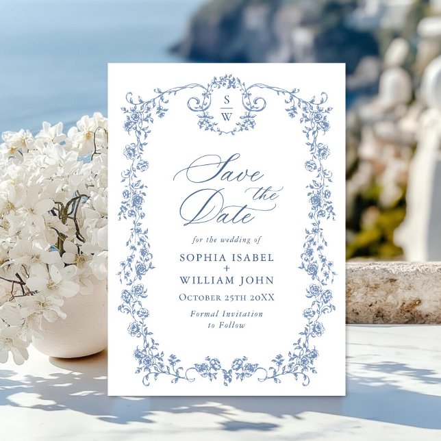 Victorian Ornate Grace Floral Dusty Blue Wedding Save The Date (Creator Uploaded)