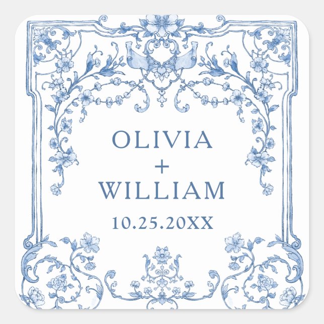 Victorian Ornate Grace Floral Dusty Blue Wedding Square Sticker (Front)