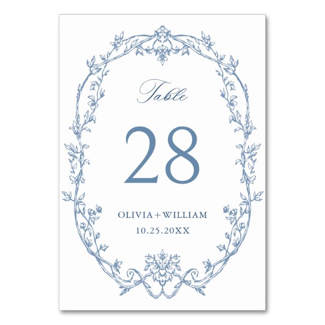 Victorian Ornate Grace Floral Dusty Blue Wedding Table Number (Front)