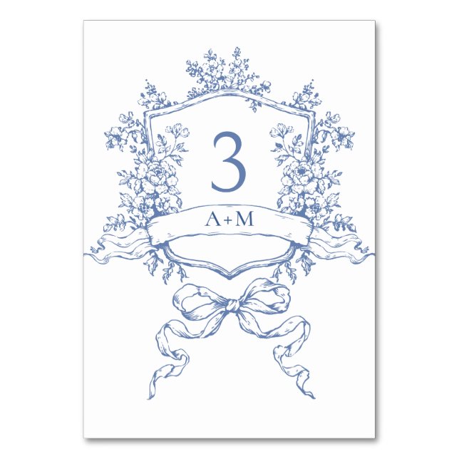 Victorian Ornate Grace Floral Dusty Blue Wedding Table Number (Front)