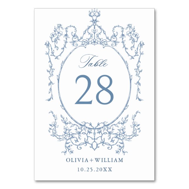 Victorian Ornate Grace Floral Dusty Blue Wedding Table Number (Front)