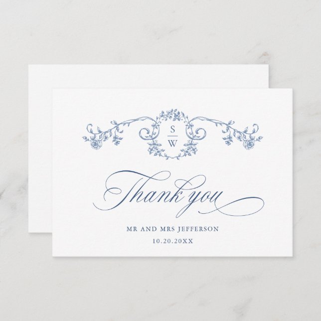 Victorian Ornate Grace Floral Dusty Blue Wedding Thank You Card (Front/Back)
