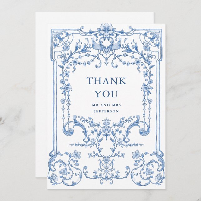 Victorian Ornate Grace Floral Dusty Blue Wedding Thank You Card (Front/Back)