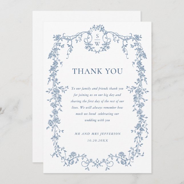 Victorian Ornate Grace Floral Dusty Blue Wedding Thank You Card (Front/Back)