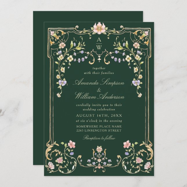 Victorian Ornate Grace Floral Frame Wedding Invitation (Front/Back)