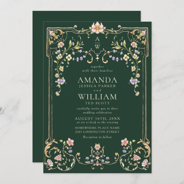 Victorian Ornate Grace Floral Frame Wedding Invitation (Front/Back)