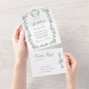 Victorian Ornate Grace Floral Sage Green Wedding All In One Invitation