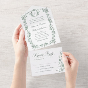 Victorian Ornate Grace Floral Sage Green Wedding All In One Invitation