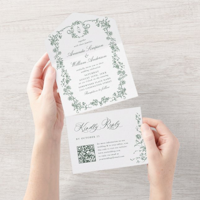 Victorian Ornate Grace Floral Sage Green Wedding All In One Invitation (Tearaway)