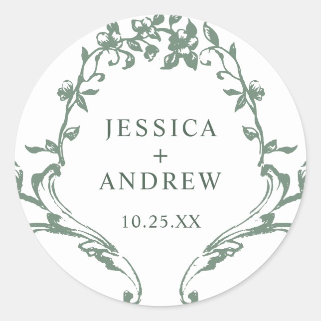 Victorian Ornate Grace Floral Sage Green Wedding Classic Round Sticker (Front)