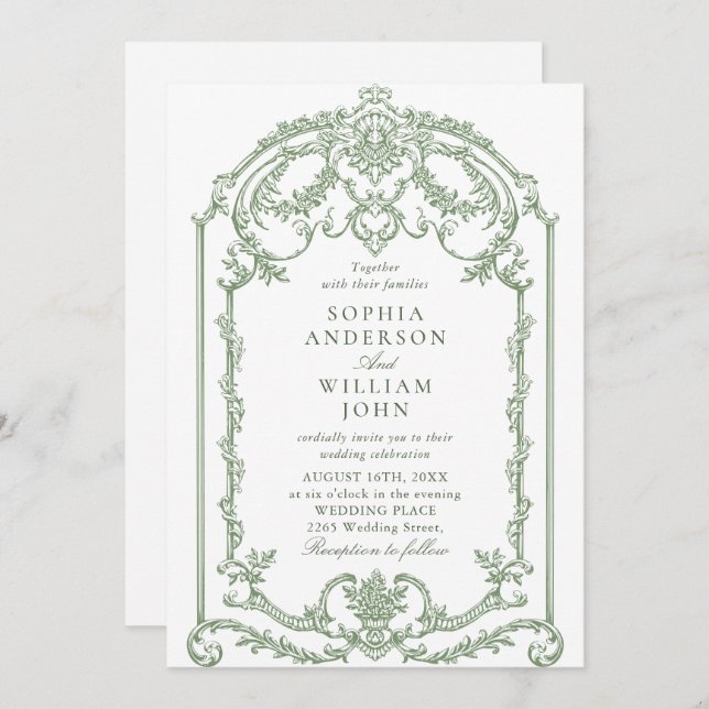Victorian Ornate Grace Floral Sage Green Wedding Invitation (Front/Back)