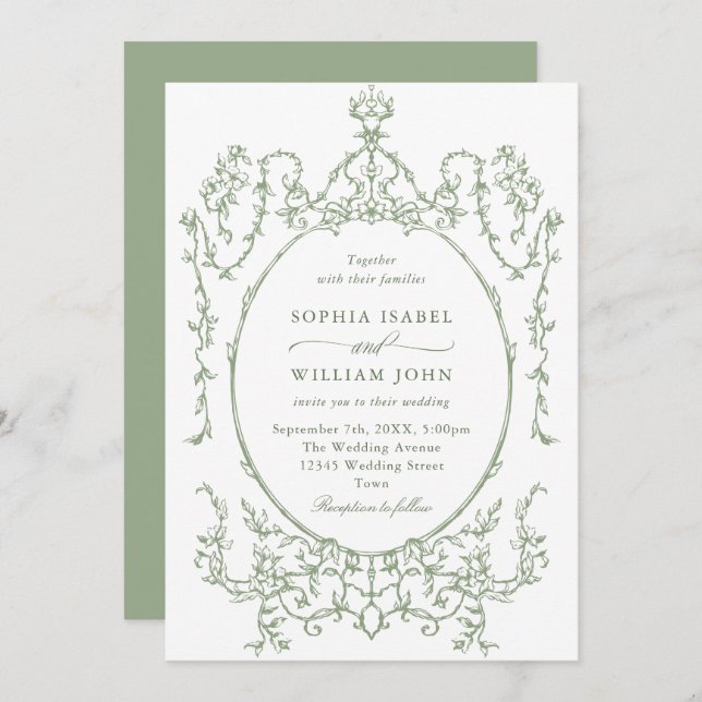 Victorian Ornate Grace Floral Sage Green Wedding Invitation (Front/Back)