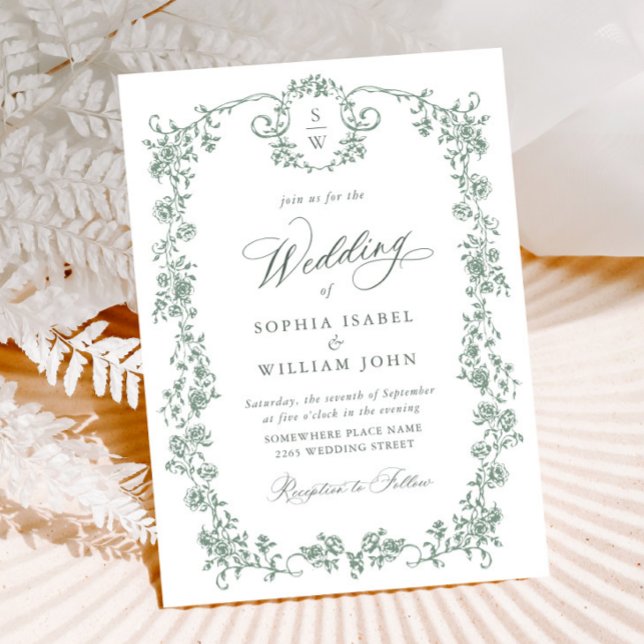 Victorian Ornate Grace Floral Sage Green Wedding Invitation (Creator Uploaded)