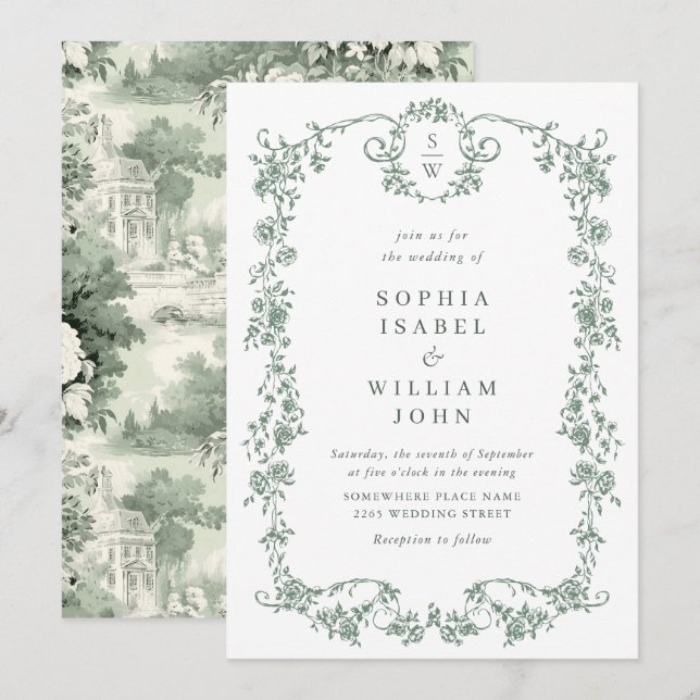 Victorian Ornate Grace Floral Sage Green Wedding Invitation (Front/Back)