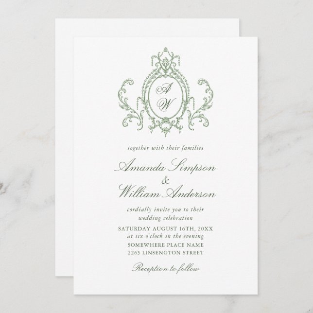 Victorian Ornate Grace Floral Sage Green Wedding Invitation (Front/Back)