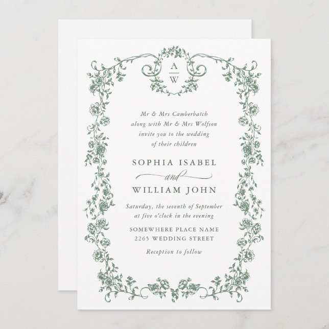 Victorian Ornate Grace Floral Sage Green Wedding Invitation (Front/Back)