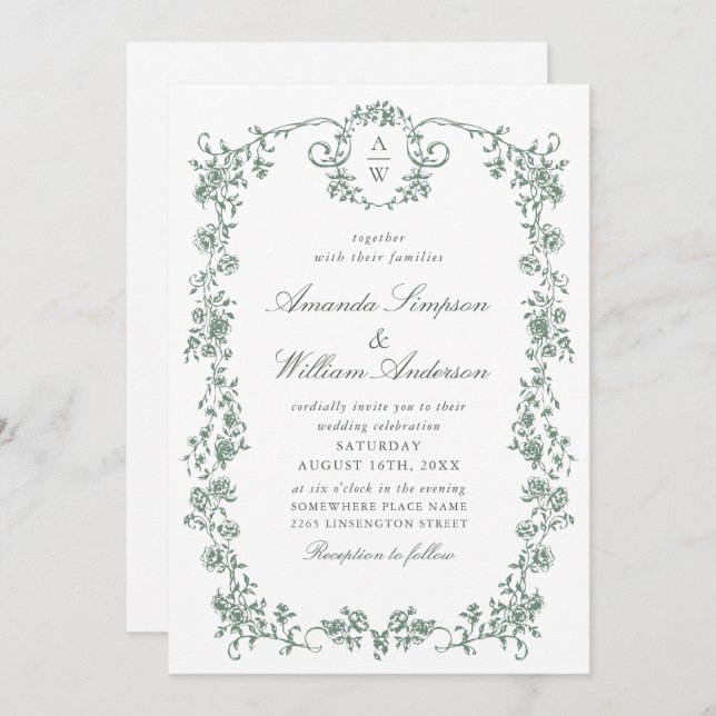 Victorian Ornate Grace Floral Sage Green Wedding Invitation (Front/Back)